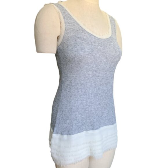 213 Michelle Kim Tank Top L Gray Rib Knit and Fringe Lace 30C - Picture 3 of 7